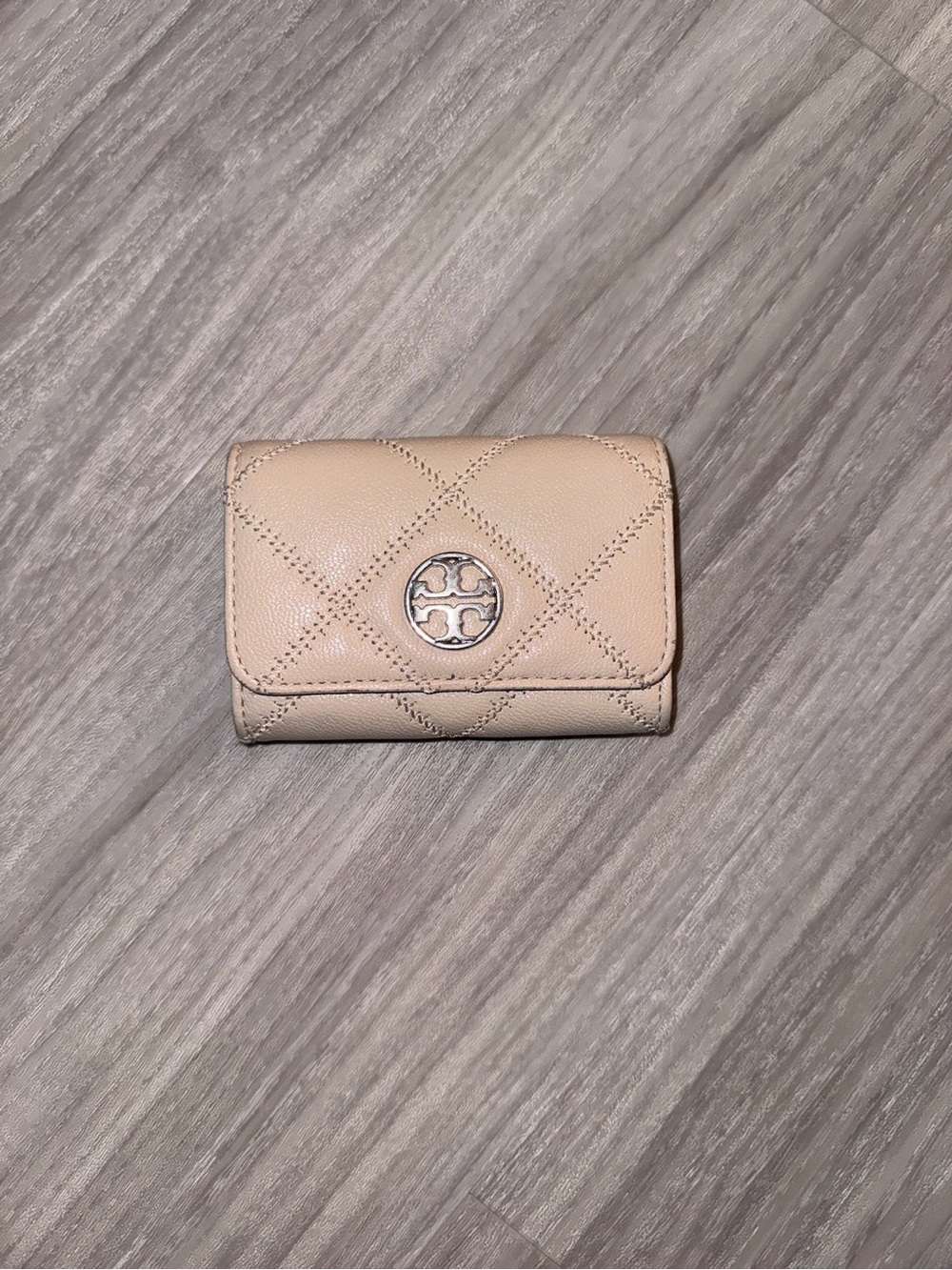 Tory Burch Light Beige Quilted Leather Trifold Wallet with Logo